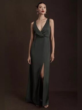 Anthropologie BHLDN Vneck Side Slit Satin Gown Bridesmaid Forest Green Size 4